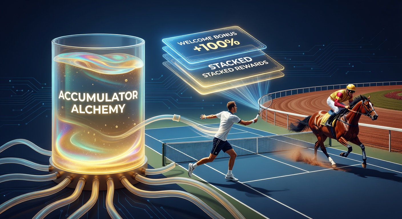 Grafiek met gestapelde accumulator bets op tennis upset en paardenren longshot, inclusief bonus multipliers