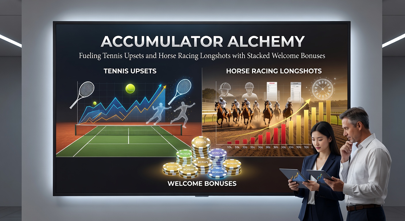 Voorbeeld accumulator ticket met tennis upset, paardenren longshot en bonus stapeling, odds breakdown zichtbaar