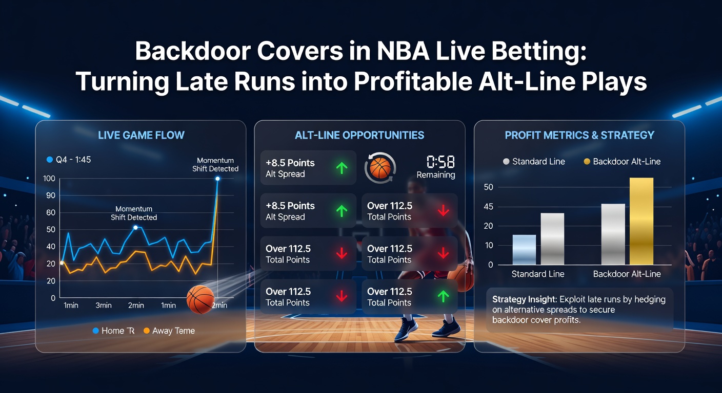 Live betting interface met verschuivende NBA odds tijdens een backdoor cover situatie in het vierde kwart