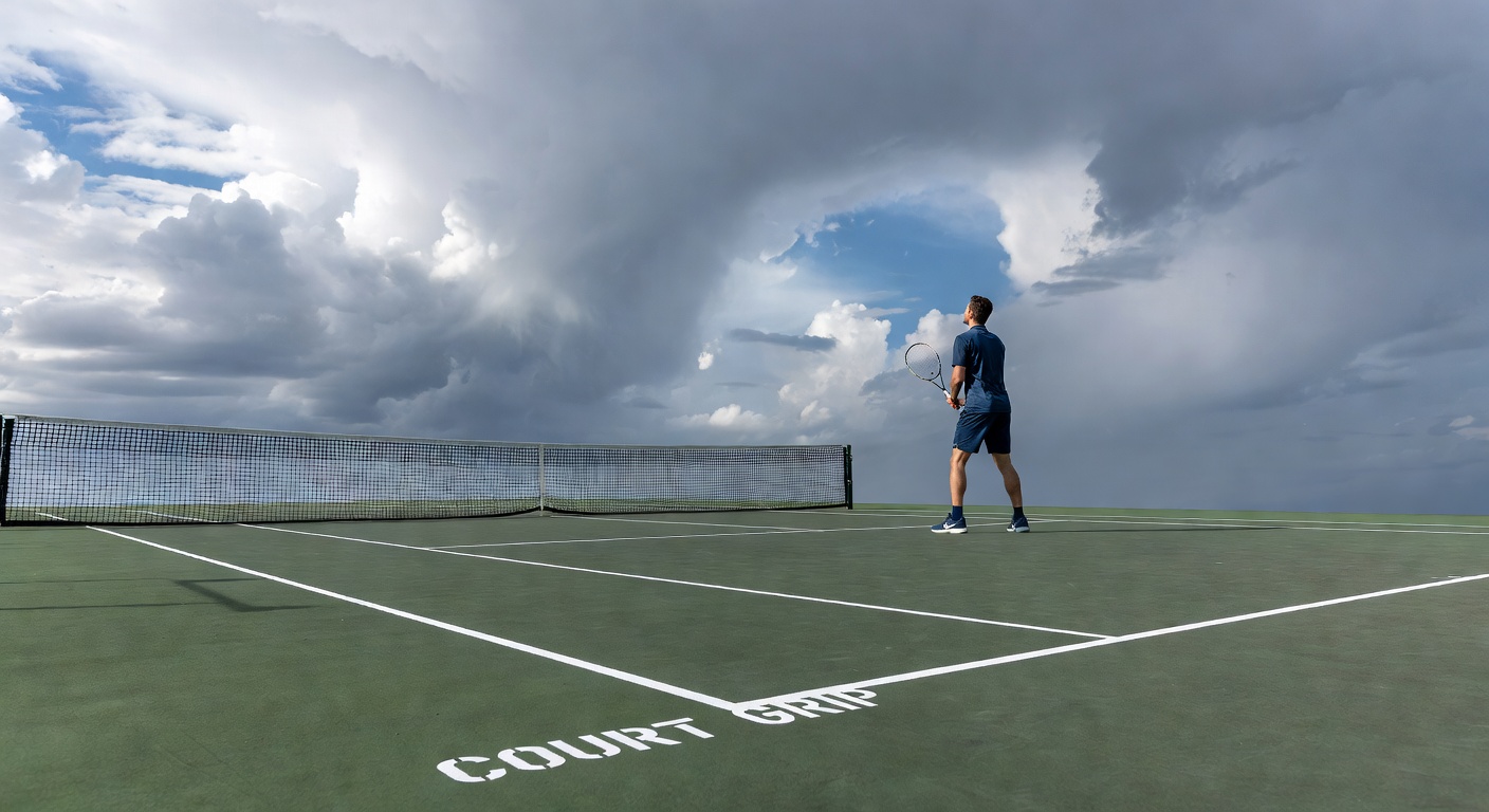 Wolkenpatronen boven een tennisbaan tijdens een toernooi