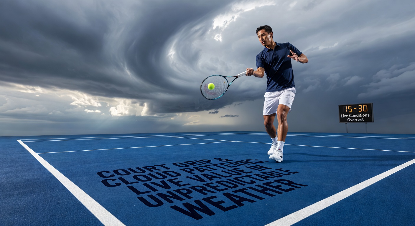 Tennisspeler past grip aan op vochtige baan onder bewolkte lucht