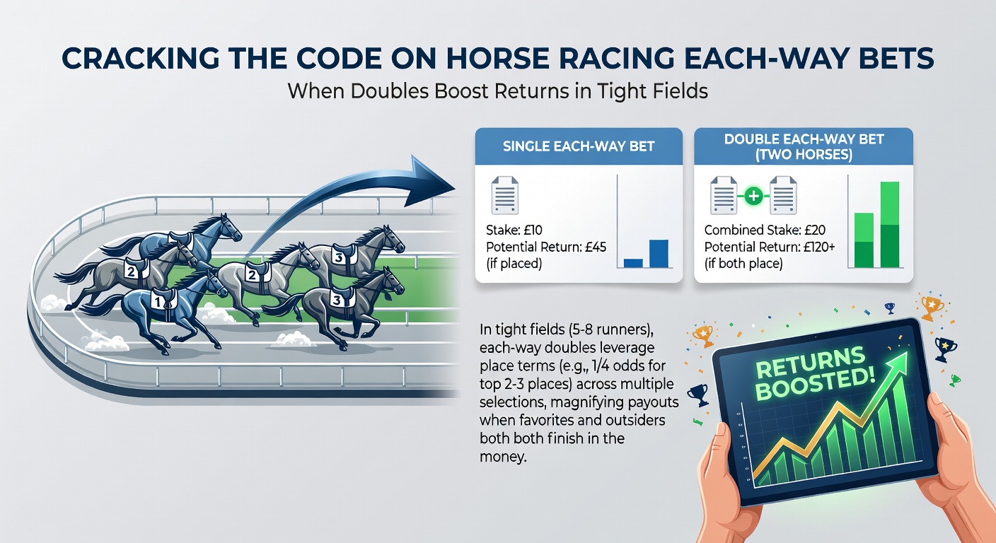 Grafiek met double each-way bets in actie, tonen returns in een tight field race met meerdere places