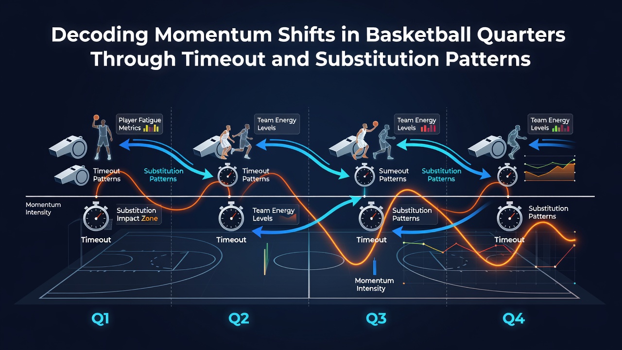 Grafieken en data over substitutiepatronen en hun effect op basketbalscores per kwart
