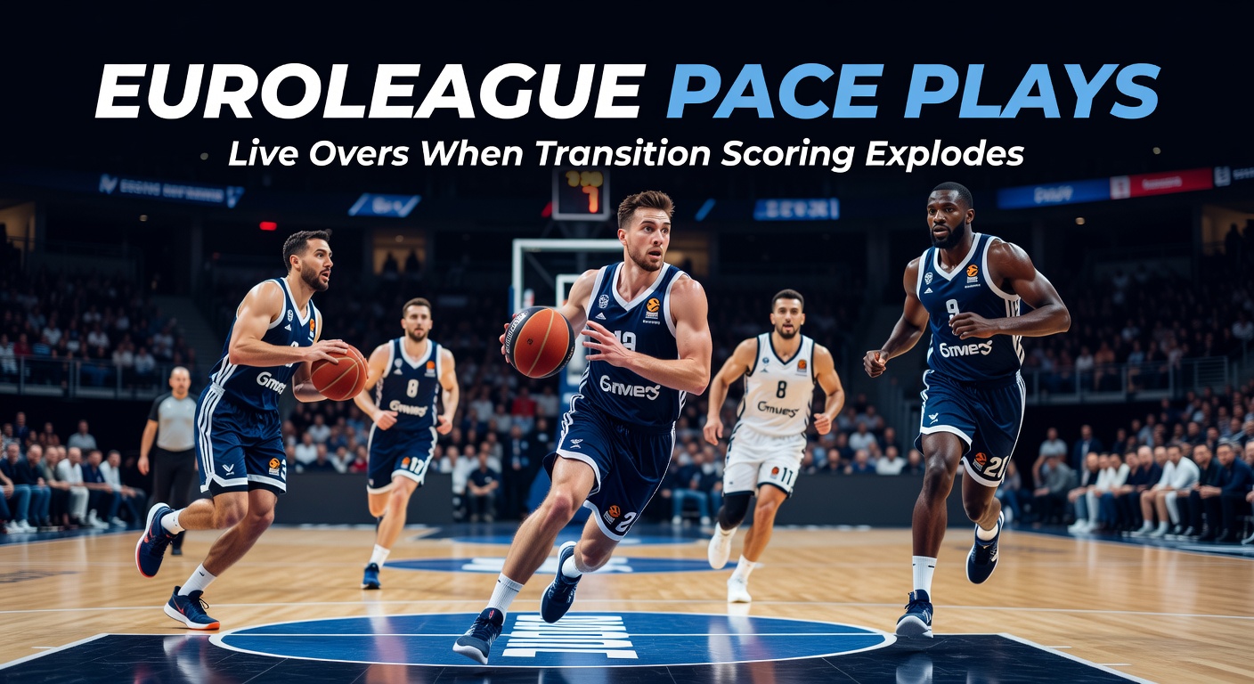 Euroleague wedstrijd met snelle transition aanval, spelers rennen naar de basket terwijl de bal vooruit wordt gebracht