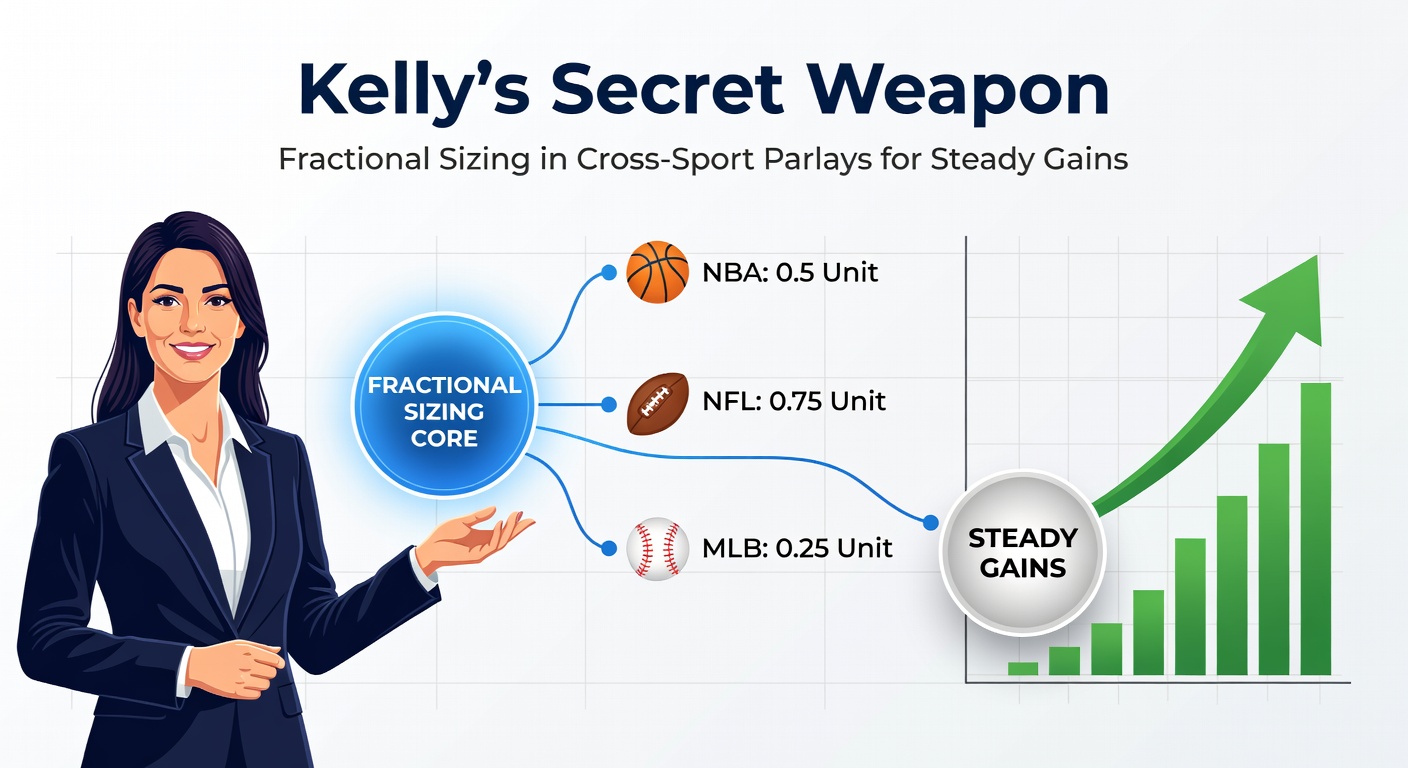 Grafiek met Kelly Criterion curve die bankroll groei toont in parlay weddenschappen over meerdere sporten