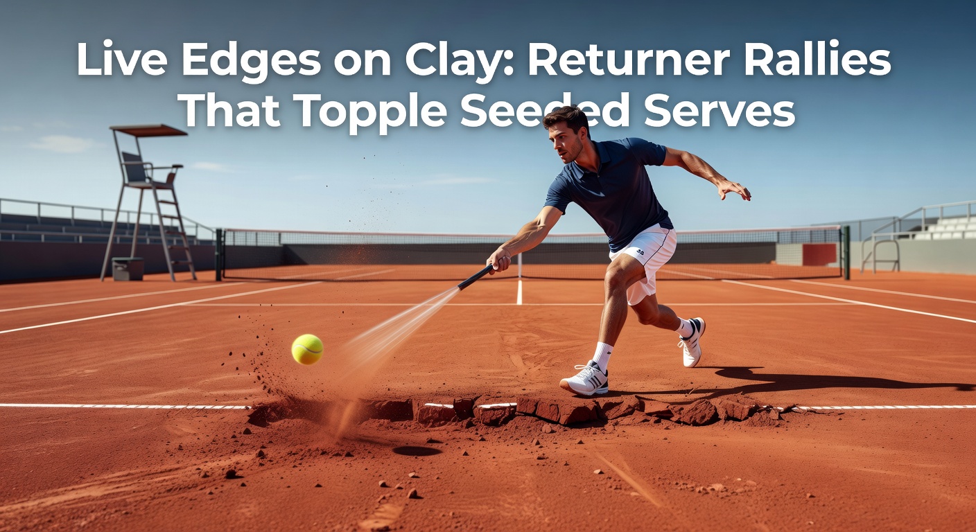 Tennisser slaat krachtige return op gravelbaan tijdens lange rally tegen gezaaide speler