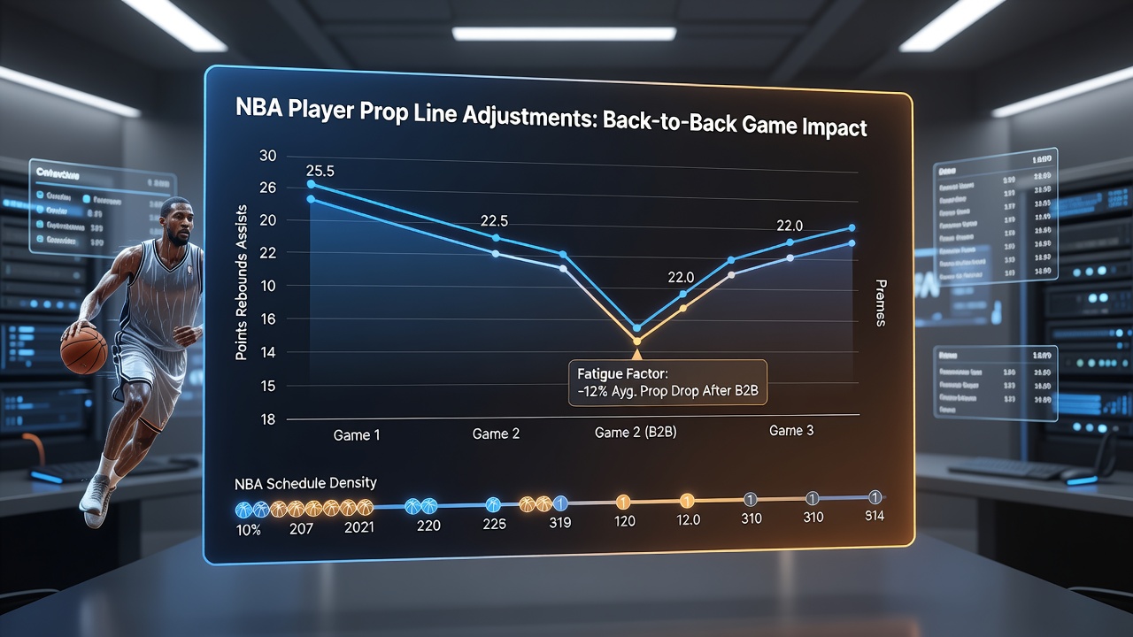 Grafieken en tabellen die prop line aanpassingen tonen na back-to-back NBA wedstrijden
