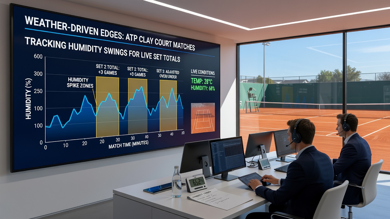Grafiek van vochtigheidschommelingen en set totalen in ATP wedstrijden